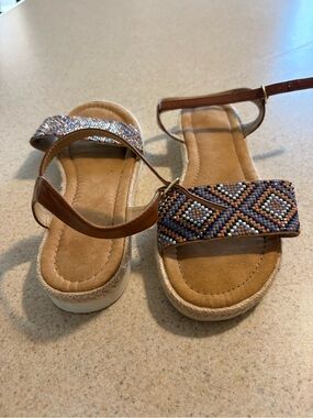 SO Brown Beaded Ankle-Strap Sandals with Multicolor Beadwork